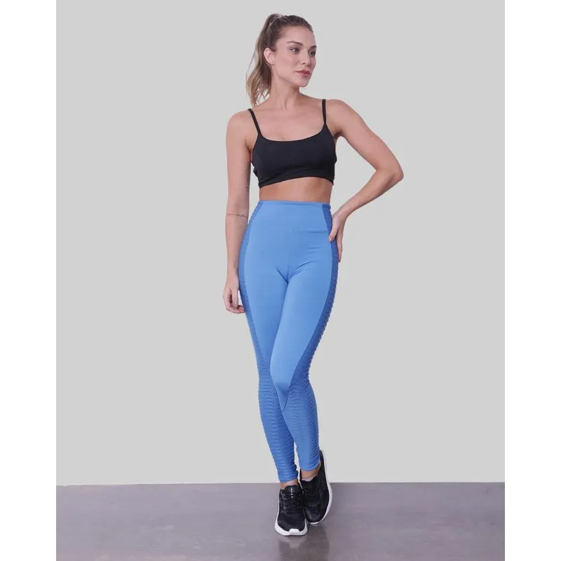Calça Legging Feminina Fitness Recorte Texturizado Azul Claro P