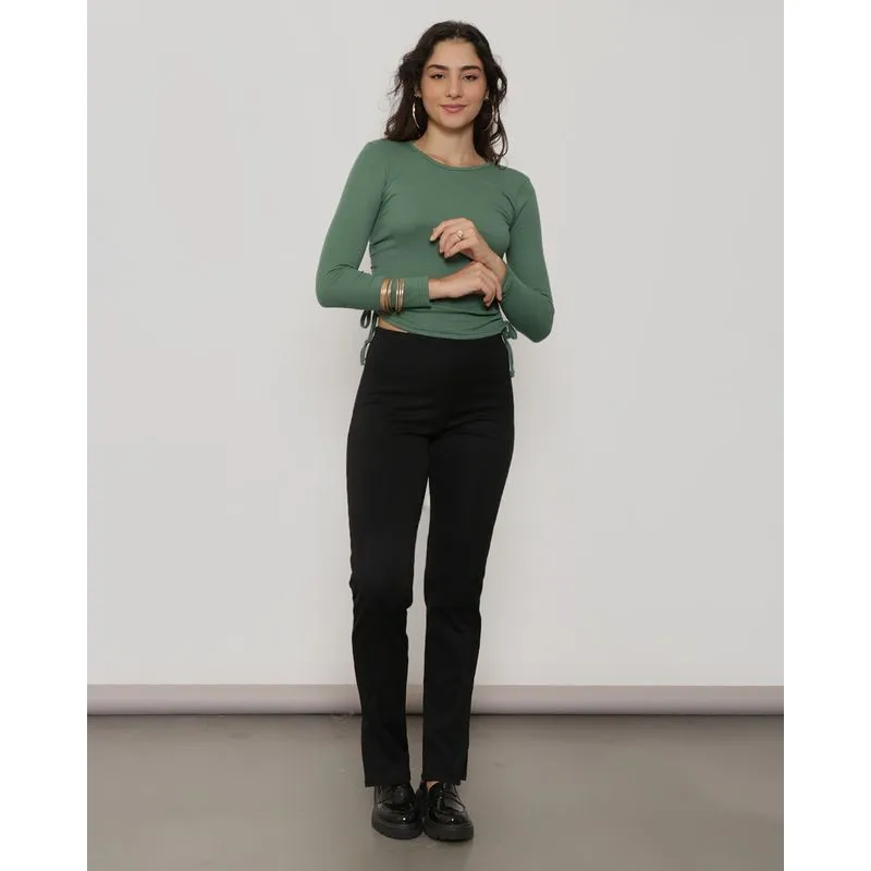 Calça Feminina Canelada Reta Com Fenda Preta M