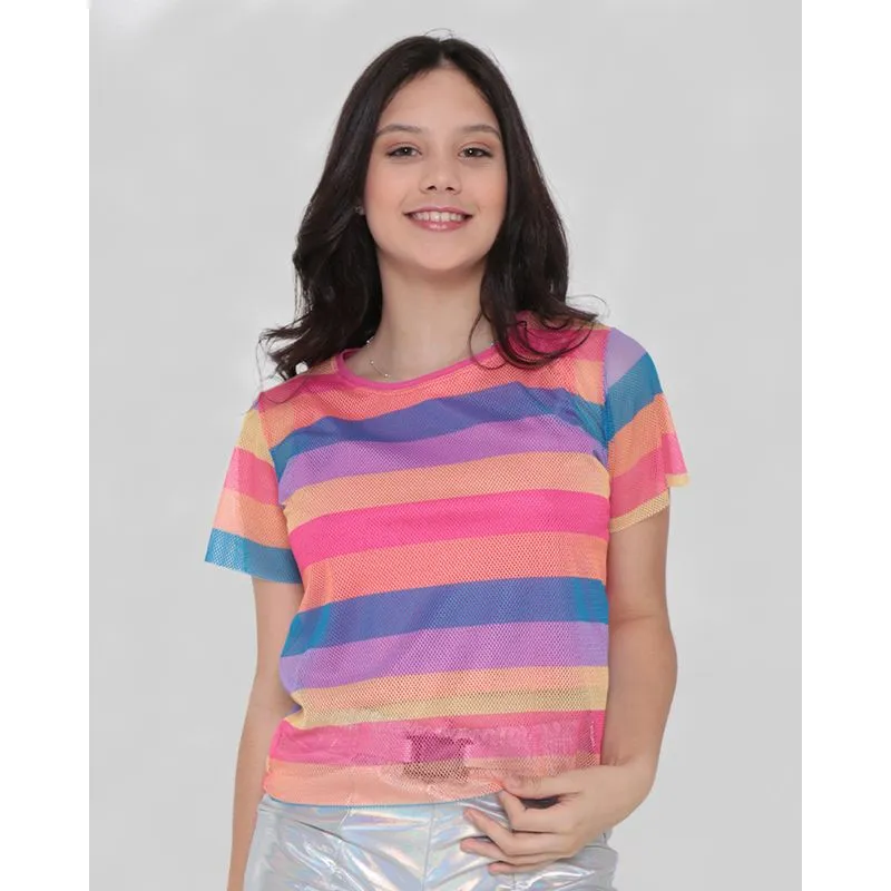 Blusa Juvenil Sobreposição Tela Colorida Rosa 12