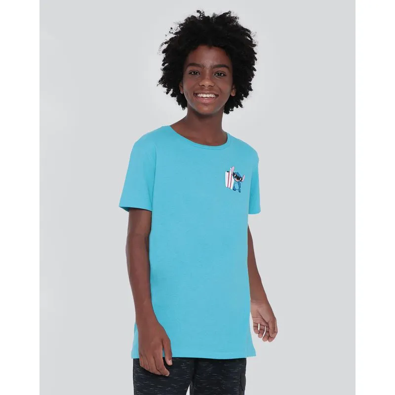 Camiseta Juvenil Algodão Disney Stitch Manga Curta Azul Médio 10