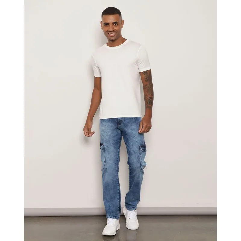 Calça Jeans Masculina Bolso Cargo Marmorizada Azul 46