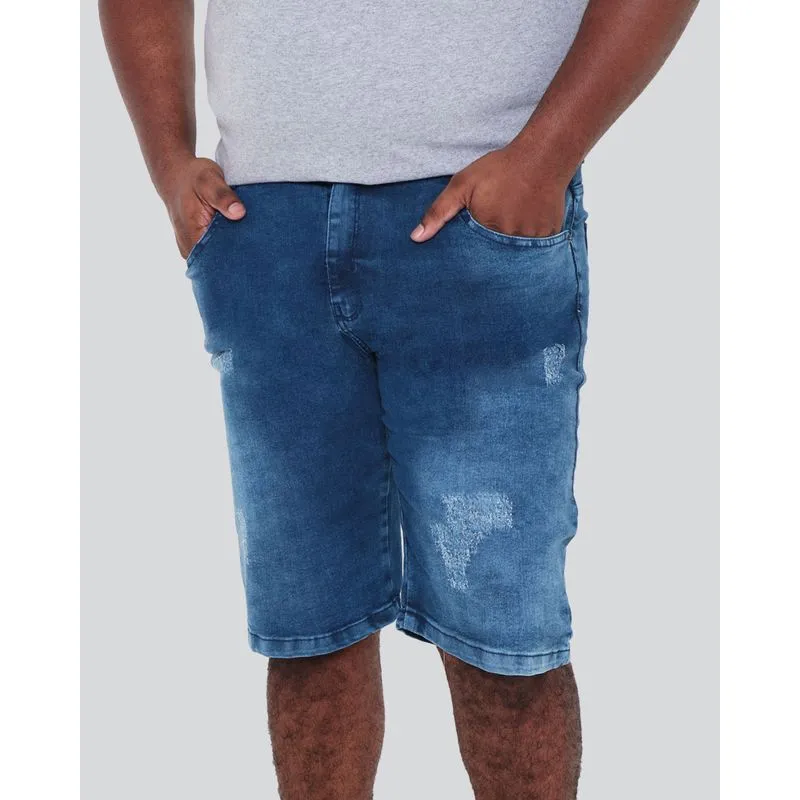 Bermuda Jeans Masculina Plus Size Estonada Puídos Azul 54