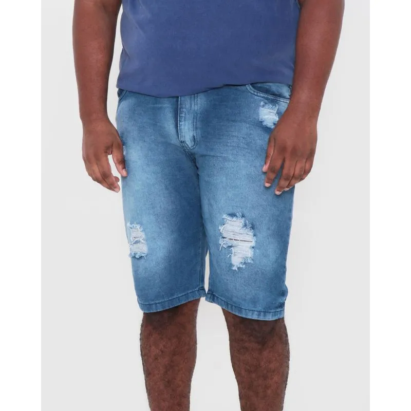 Bermuda Jeans Plus Size Masculina Destroyed Azul 56