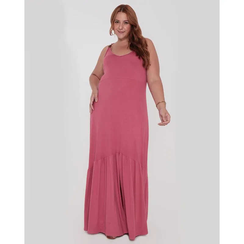 Vestido Feminino Plus Size Longo Fenda Babados Rosa G2