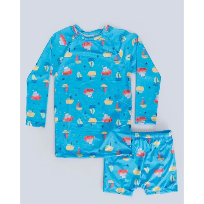 Conjunto Infantil Praia Proteção UV 50 Estampa Barcos Azul 4