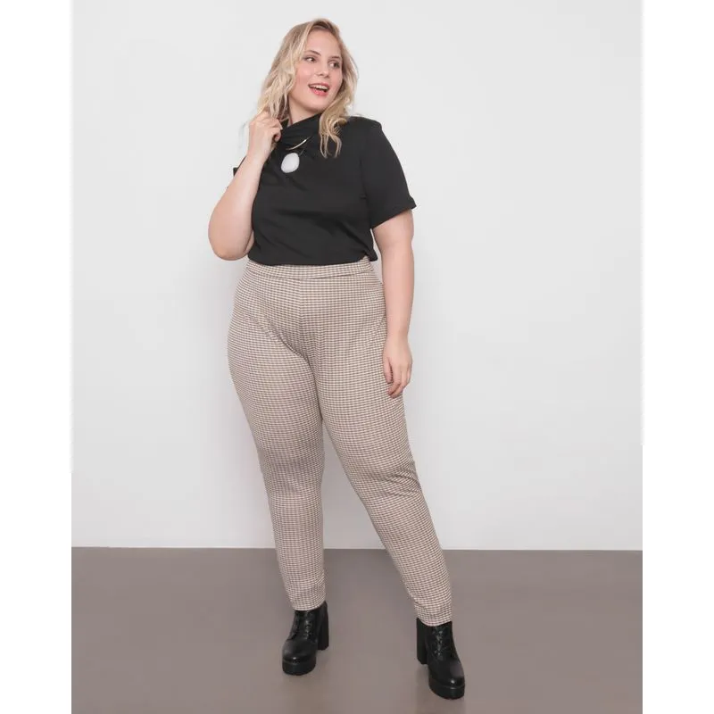 Calça Plus Size Feminina Legging Malha Trabalhada Xadrez Bege G1