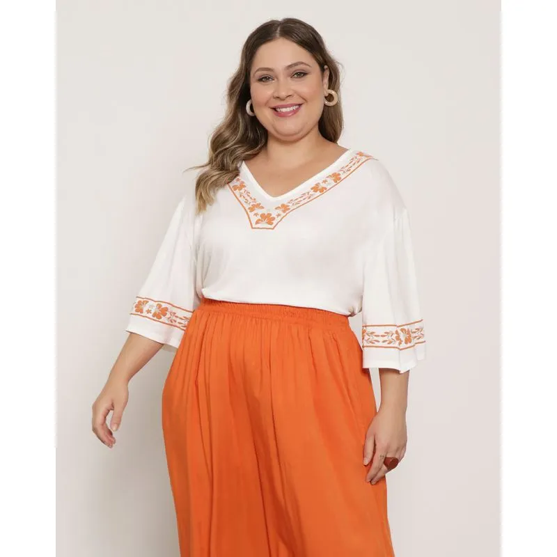 Blusa Plus Size Feminina Gola V Off White G3
