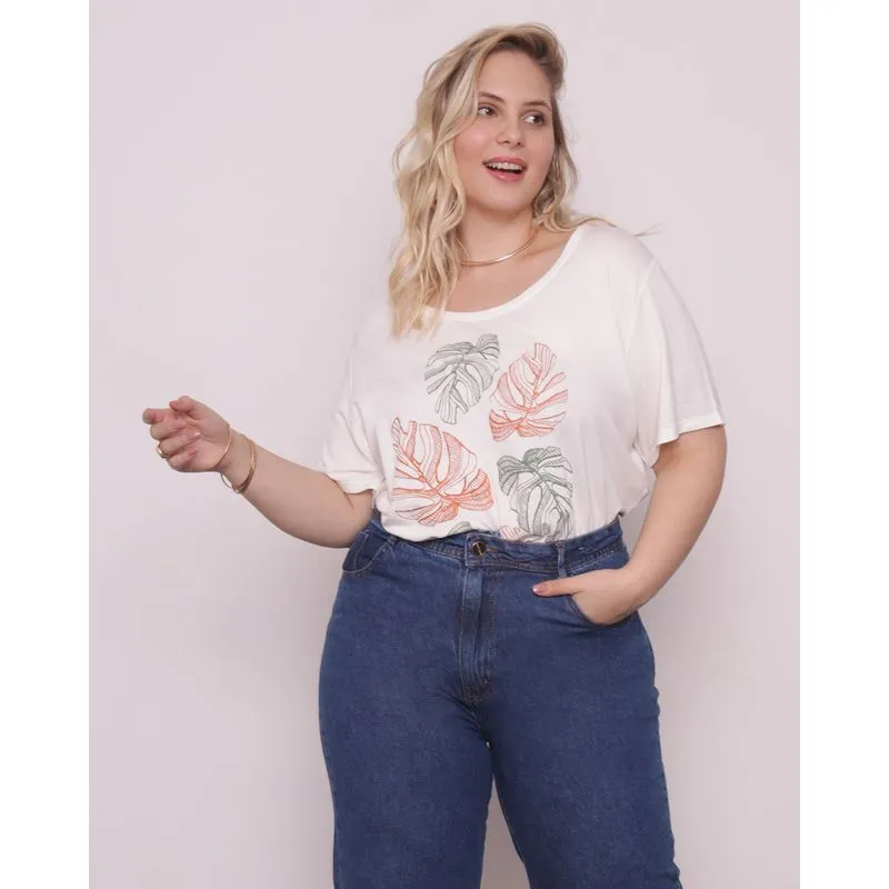 Blusa Feminina Plus Size Crepe Com Estampa Folhas Off White G2