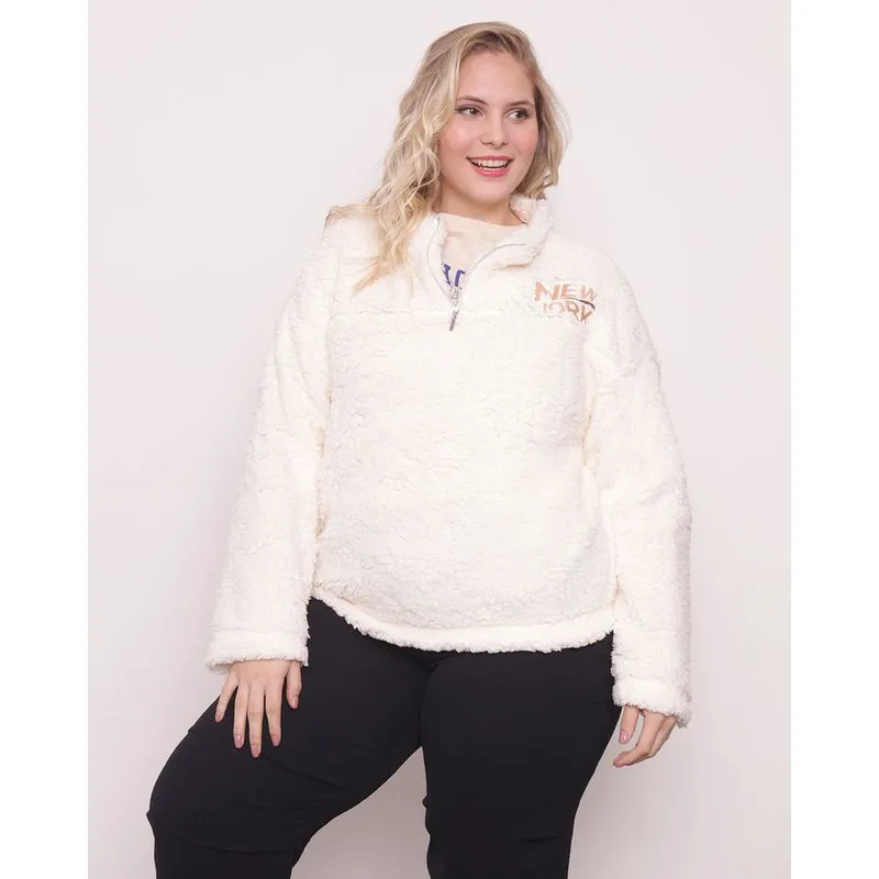 Blusão Plus Size Feminino Sherpa Zíper na Gola Off White G3
