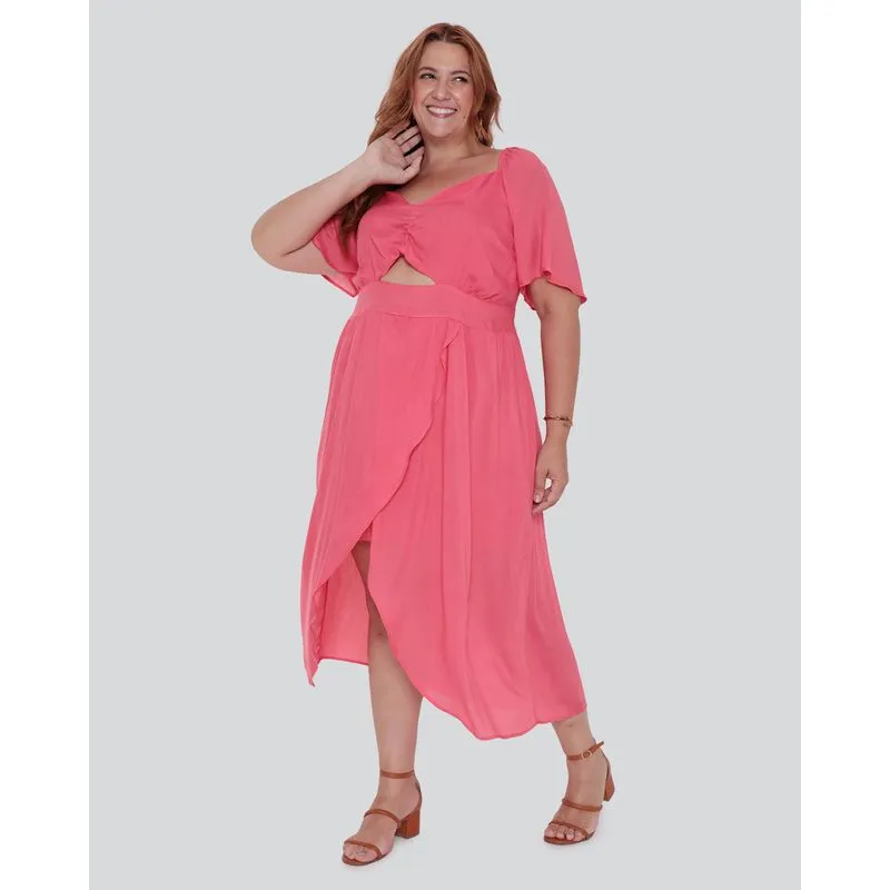 Vestido Plus Size Feminino Transpassado Viscose Rosa G1