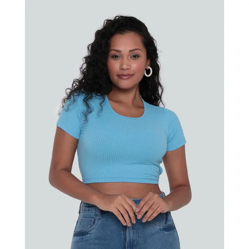 Blusa Feminina Cropped Canelada Tiras Azul Claro P