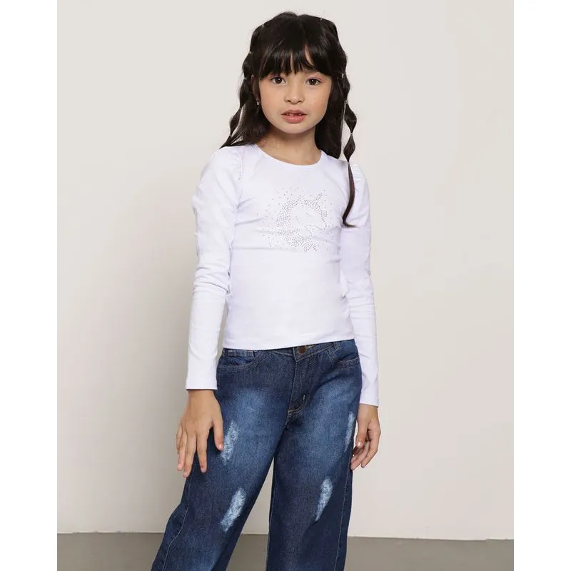 Blusa Infantil Manga Longa Com Aplique Branca 6