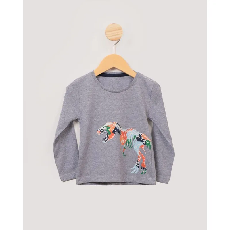 Camiseta Bebê Estampa Brilha no Escuro Dinossauro Cinza 1