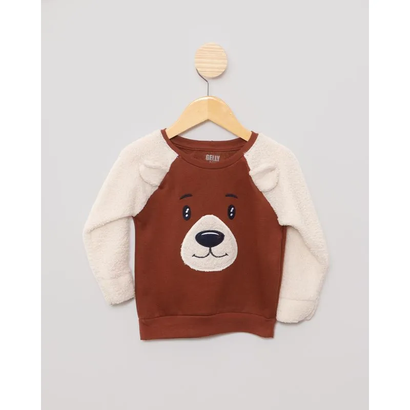 Blusão Moletom Bebê Com Bordado Manga Sherpa Marrom 3