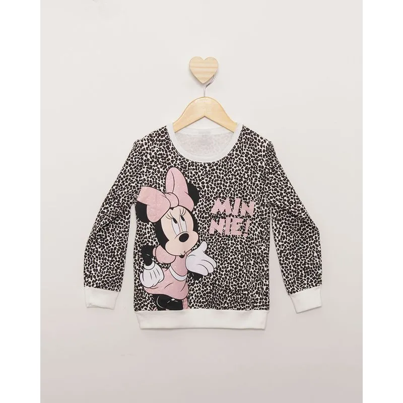 Blusão Moletom Infantil Disney Minnie Estampada de Onça Off White 4