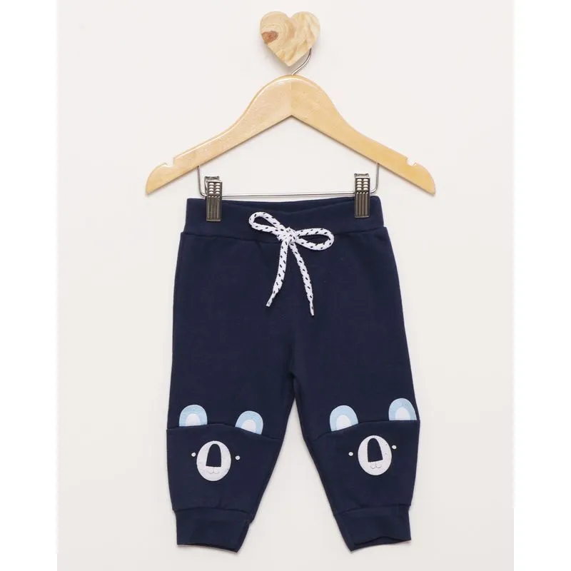 Calça de Moletom Bebê Básica Recorte e Ursinho Marinho G