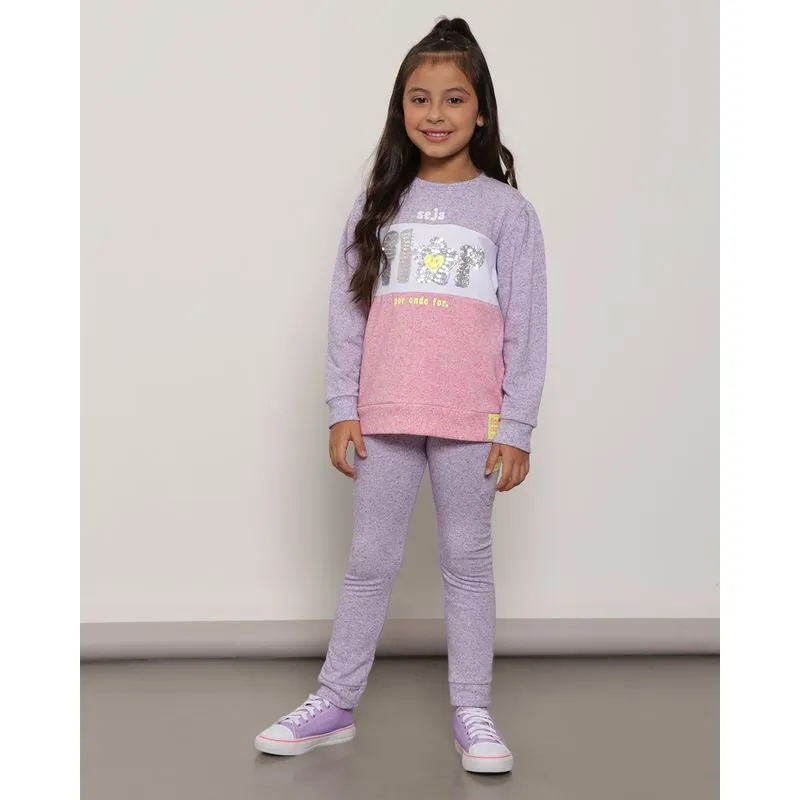 Calça Moletom Infantil Com Bolso Mescla Lilás 8