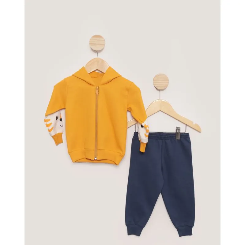 Conjunto Moletom Bebê Com Capuz Estampa Tigre Mostarda G