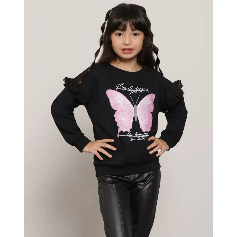 Blusão Moletom Infantil Estampa Borboleta Manga Longa Preto 8