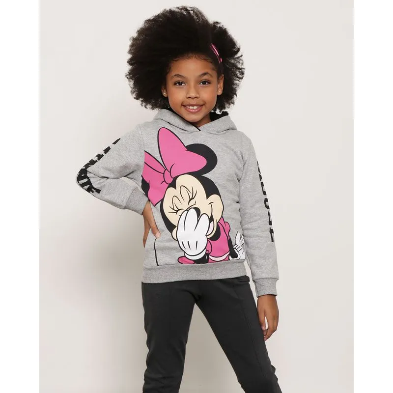 Blusão Moletom Infantil Com Capuz Minnie Disney Mescla 6