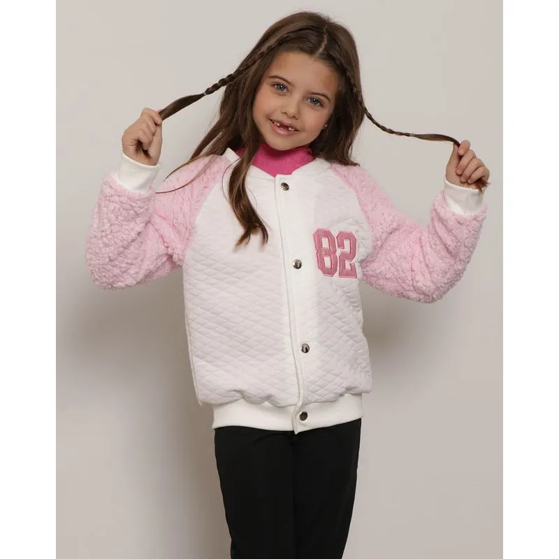 Jaqueta Infantil Bomber Matelassê Manga Sherpa Off White 6
