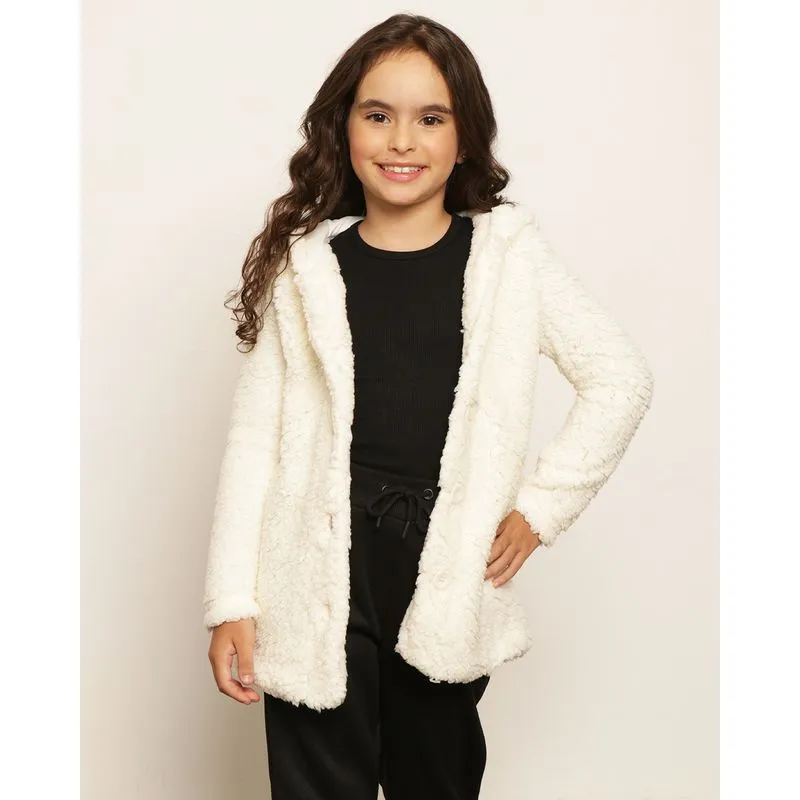 Casaco Infantil Sherpa Manga Longa Com Capuz Off White 4