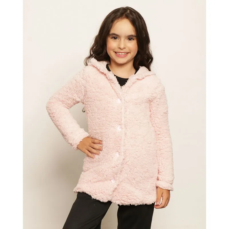 Casaco Infantil Sherpa Manga Longa Com Capuz Rosa 4