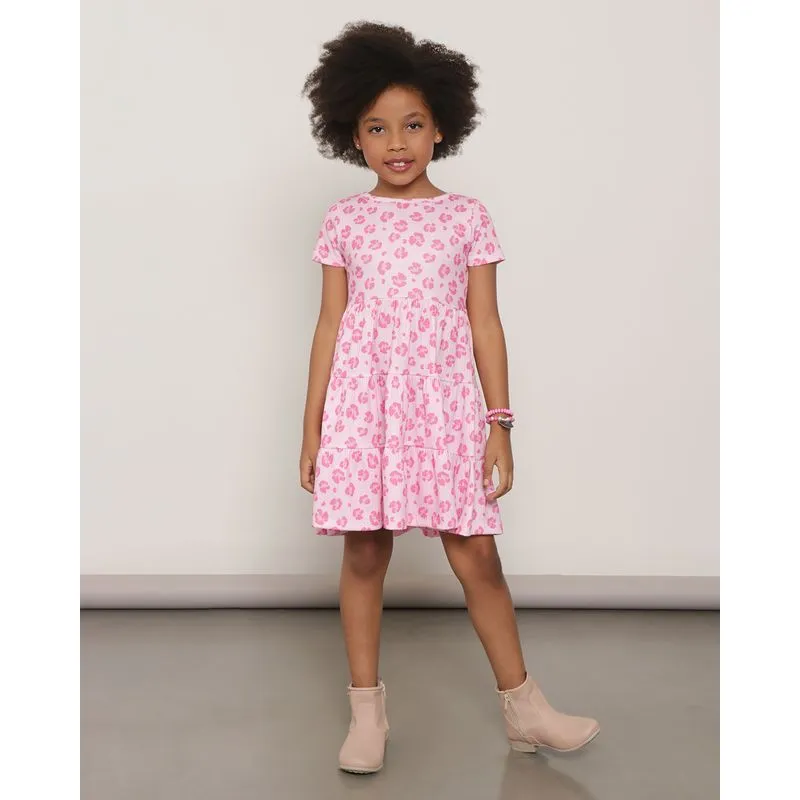 Vestido Infantil Três Marias Malha Canelada Estampa Oncinha Rosa 10