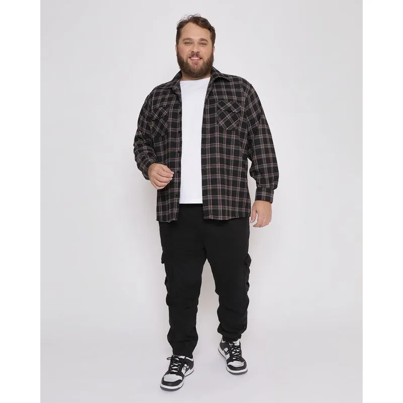 Calça Plus Size Masculina Jogger Bolso Cargo Sarja Preta 48