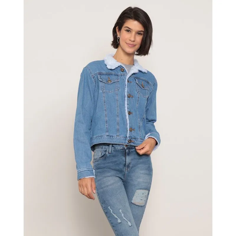 Jaqueta Jeans Feminina Com Pelinho Azul GG