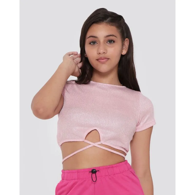 Blusa Cropped Juvenil Canelada Lurex Tiras Rosa Claro 10