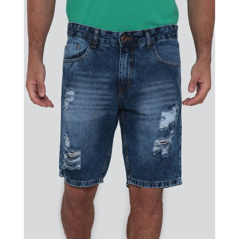 Bermuda Jeans Masculina Estonada Destroyed Azul 44
