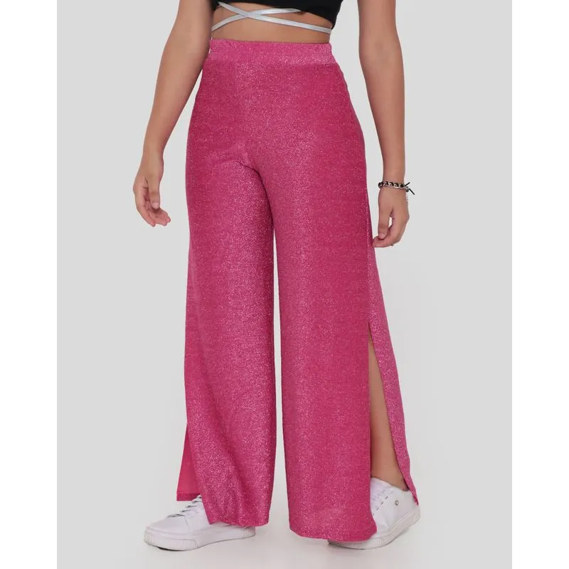 Calça Juvenil Pantalona Fenda Brilho Rosa 14