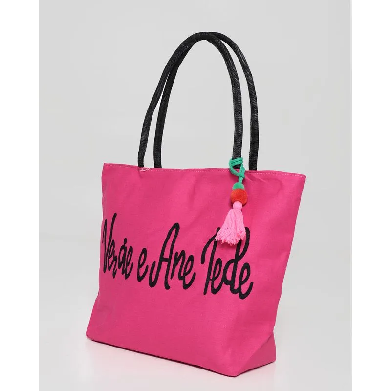 Bolsa Praia Lona Bordado Rosa UN