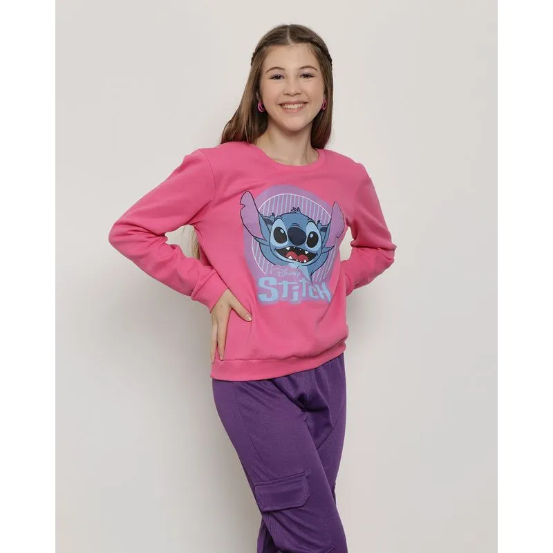 Blusão Moletom Juvenil Estampa Neon Stitch Disney Rosa 14