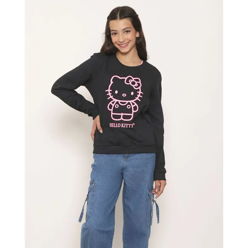 Blusão Moletom Juvenil Estampa Neon Hello Kitty Preto 10