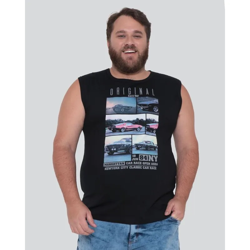 Regata Plus Size Masculina Estampa Carros Preta G1