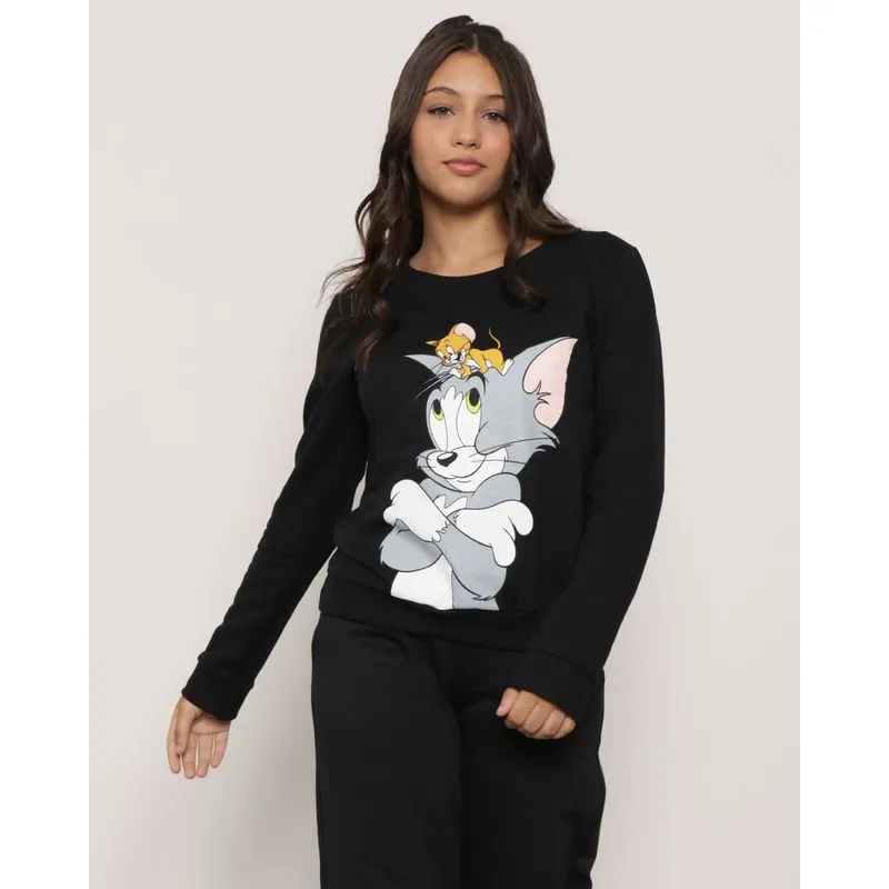 Blusão Moletom Juvenil Tom e Jerry Warner Manga Longa Preta 16