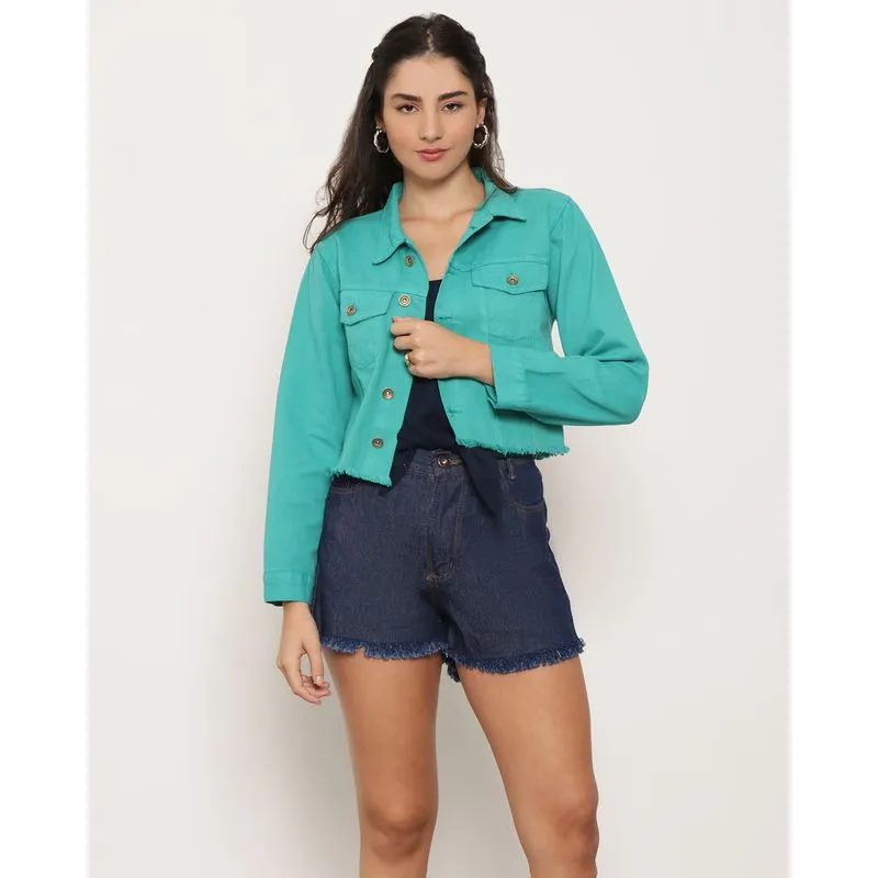 Jaqueta Cropped Sarja Feminina Barra Desfiada Verde M