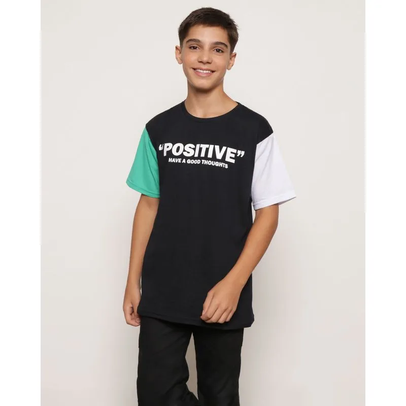 Camiseta Juvenil Positive Manga Bicolor Preta 14