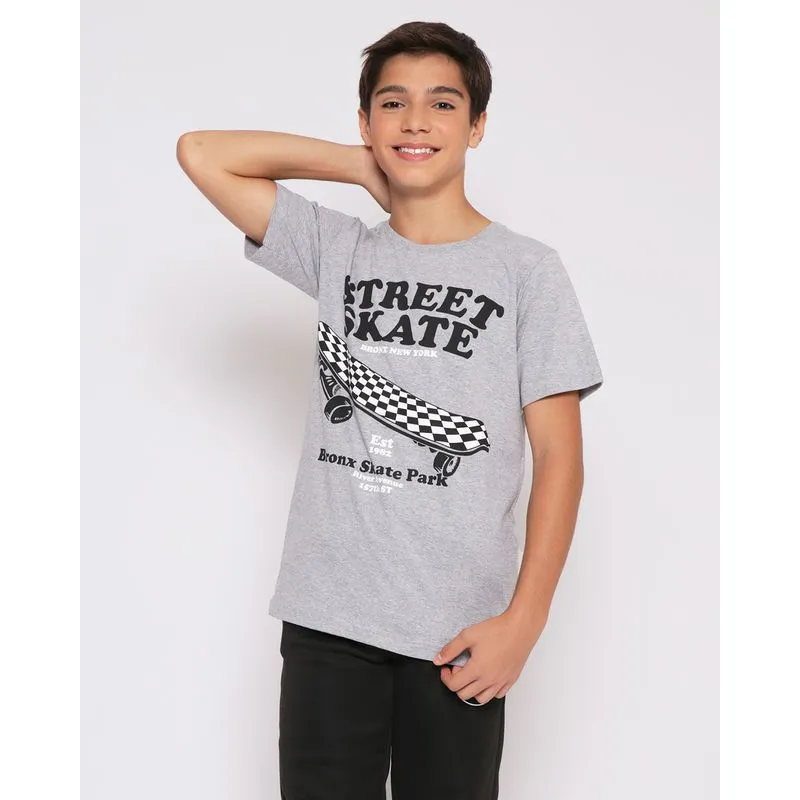 Camiseta Juvenil Estampa Skate Manga Curta Cinza 14