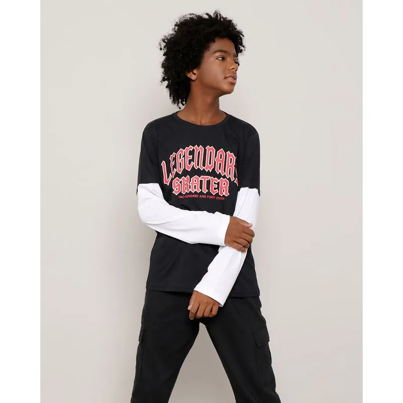 Camiseta Juvenil Manga Longa Com Recorte Preto 10
