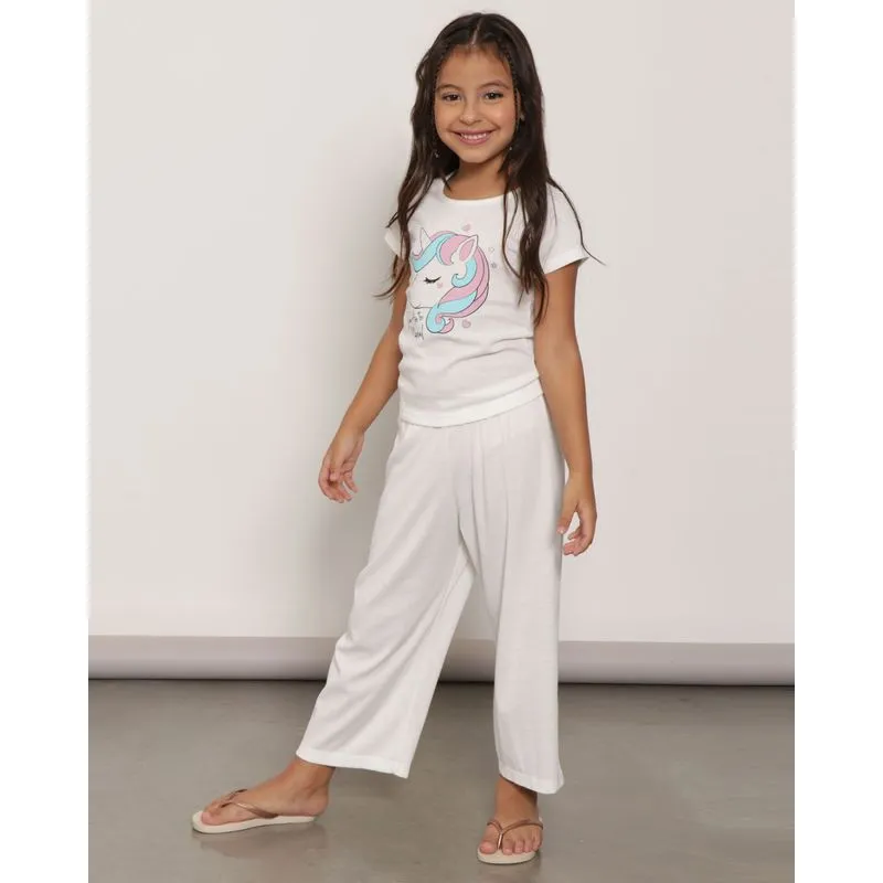 Pijama Infantil Unicórnio Longo Canelado Branco 4