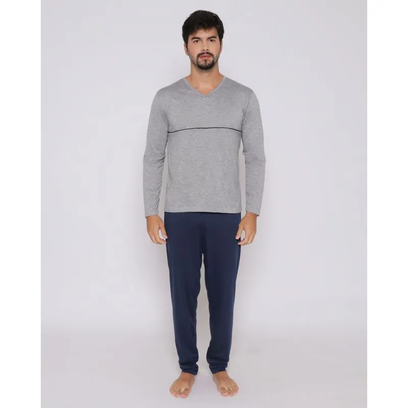 Pijama Masculino Longo Gola V Marinho P