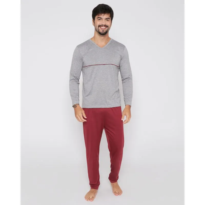 Pijama Masculino Longo Gola V Vinho GG