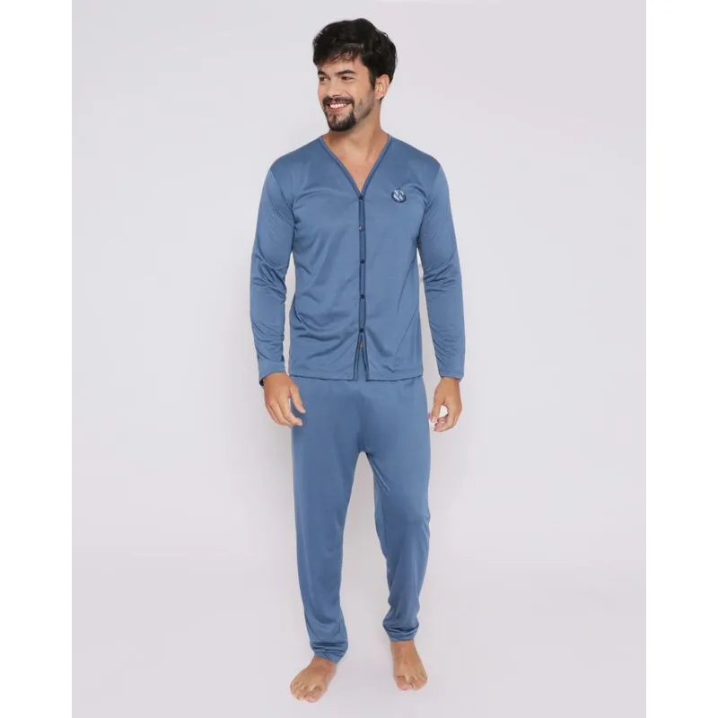 Pijama Masculino Longo Com Botões Azul G