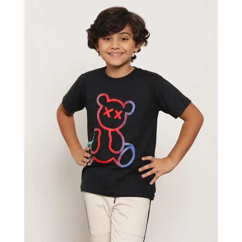 Camiseta Infantil Manga Botonê Curta Estampa Urso Preta 8