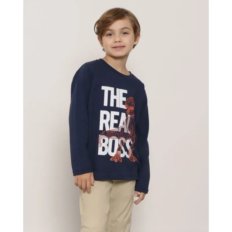 Camiseta Infantil Manga Longa Estampa Dinossauro Marinho 4
