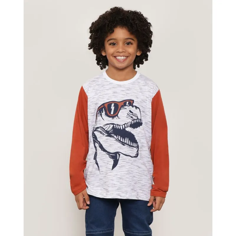 Camiseta Infantil Estampa Dinossauro Manga Longa Branca 4