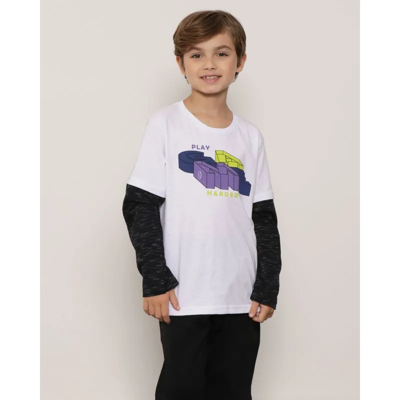 Camiseta Infantil Manga Longa Com Recorte Play Branca 6